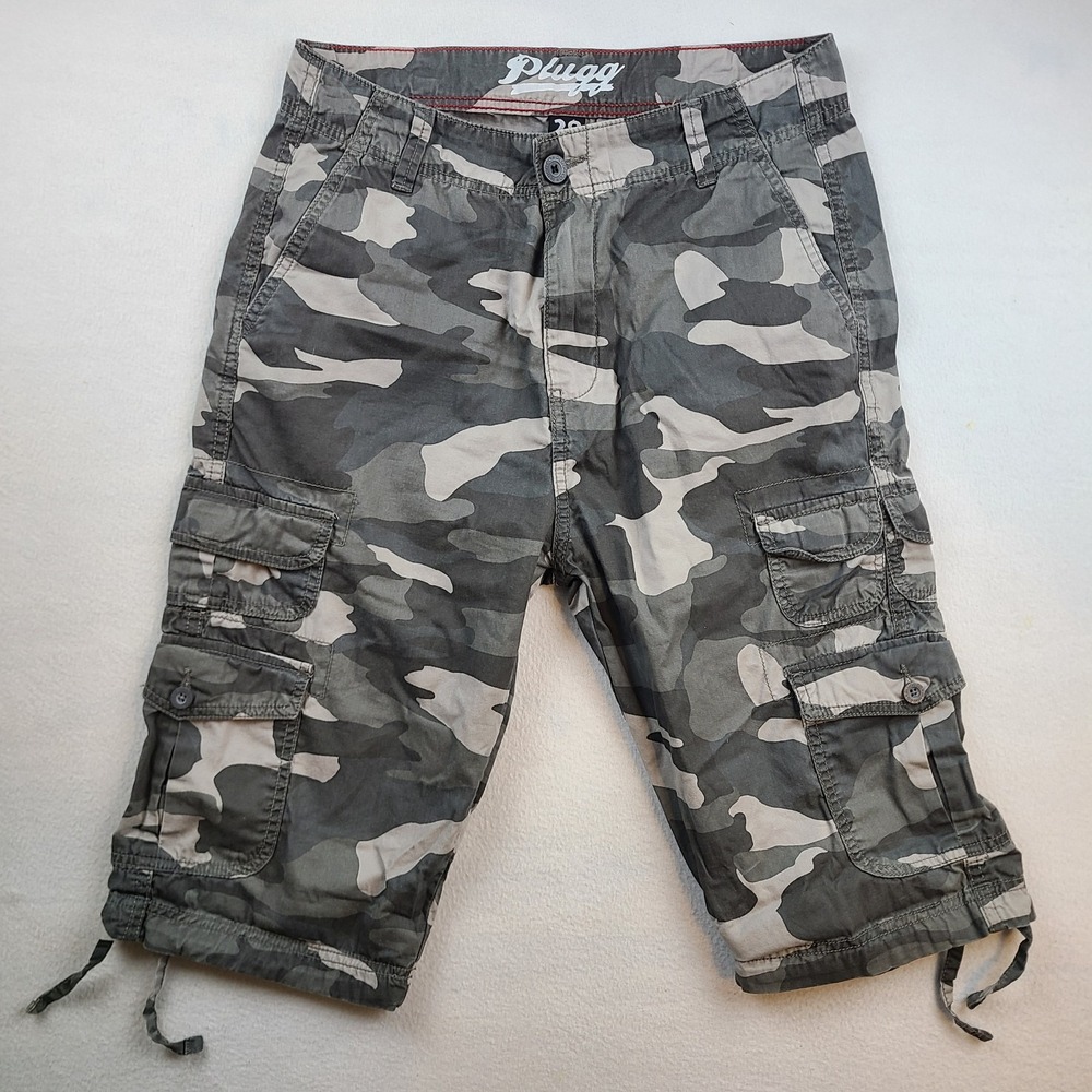 Plugg Mens Cargo Shorts Gray Camo Size 29 Cotton Military Utility Casual Cargo